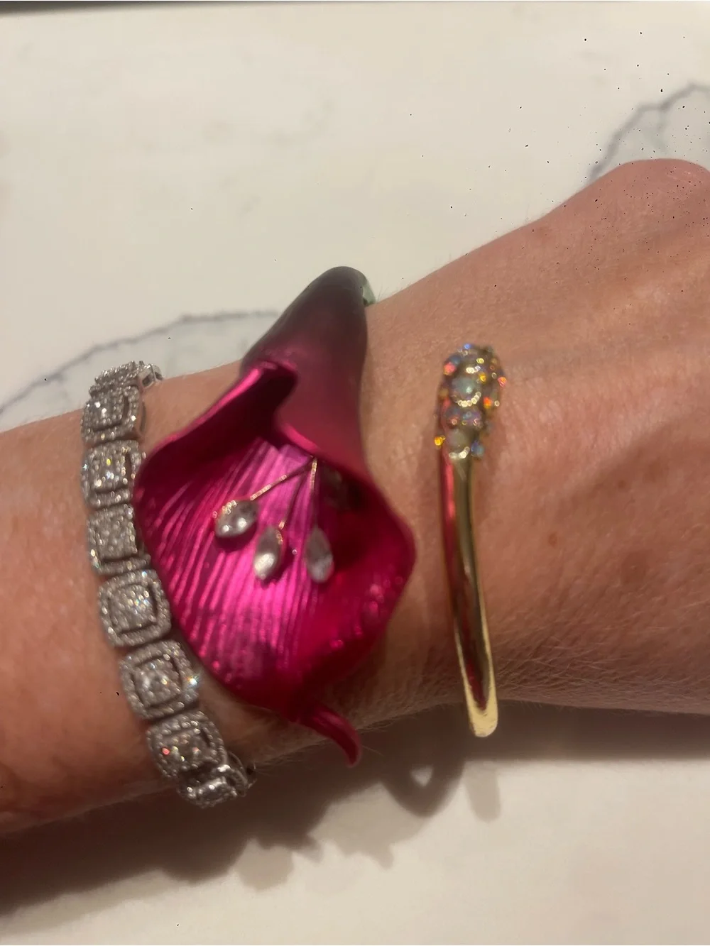 Betsey Johnson Red Calla Lily Flower Hinged Cuff Bracelet Crystal Gold Tone NWT
